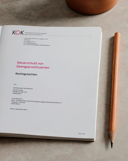 Deckblatt eines gedruckten Rechtsgutachtens des KOK. Titel „Steuerschuld von Zwangsprostituierten“. Untertitel Rechtsgutachten. Auftraggeber ist der Bundesweite Koordinierungskreis gegen Menschenhandel e.V. Das Heft liegt auf einem Tisch neben einem Holzbleistift.