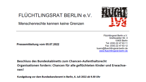 Pressemitteilung Flüchtlingsrat Berlin e.V. Chancen-Aufenthaltsrecht