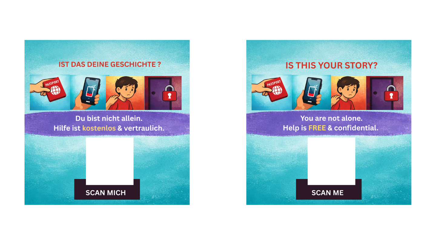 Zweiseitiges Werbemotiv des Bundesweiten Koordinierungskreises gegen Menschenhandel (KOK e. V.) mit deutschem Text &sbquo;Ist das deine Geschichte? Du bist nicht allein. Hilfe ist kostenlos und vertraulich. SCAN MICH&lsquo; und englischer &Uuml;bersetzung &sbquo;Is this your story? You are not alone. Help is FREE & confidential. SCAN ME&lsquo;; zeigt eine Hand mit Smartphone vor einer T&uuml;r sowie einen QR-Code zum Scannen.