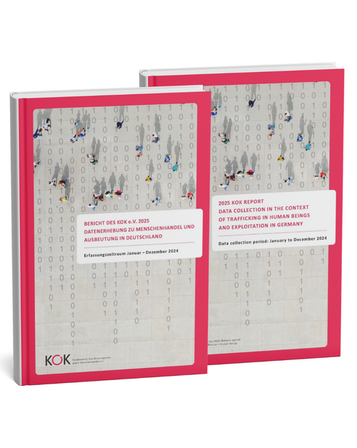 Zwei Buchcover des KOK-Datenberichts 2025. Links die deutsche Ausgabe mit dem Titel „Bericht des KOK e. V. 2025. Datenerhebung zu Menschenhandel und Ausbeutung in Deutschland“, rechts die englische Ausgabe „2025 KOK Report. Data Collection in the Context of Trafficking in Human Beings and Exploitation in Germany“. Beide mit grauer Fläche voller Nullen und Einsen im Hintergrund und kleinen Menschenfiguren in Bewegung.