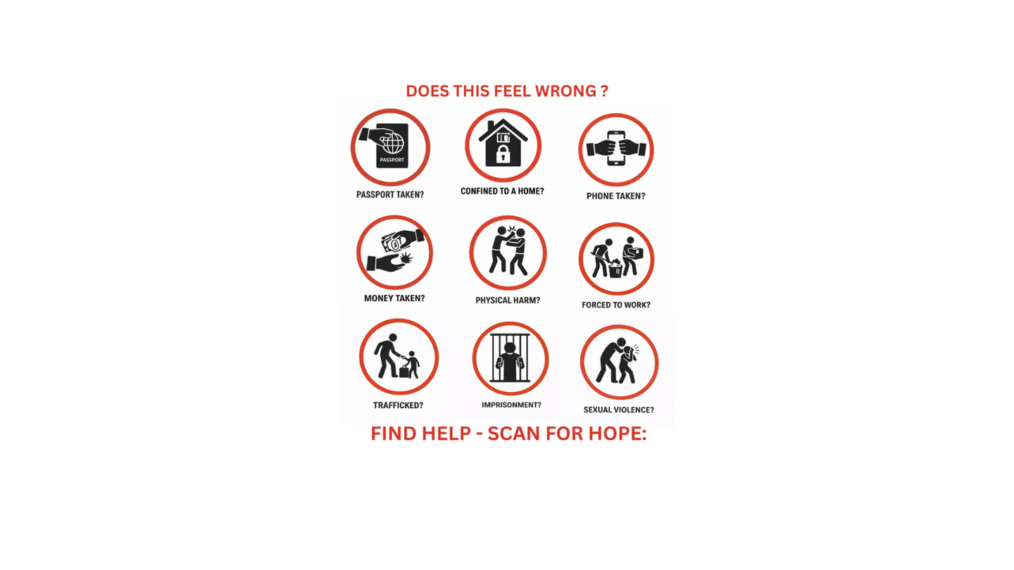Rotes Warnmotiv mit englischem Text &sbquo;Does this feel wrong?&lsquo;, neun Symbolen zu Anzeichen von Menschenhandel wie Passkontrolle, Haus, Telefon&uuml;berwachung, Geld, Gef&auml;ngnis, Zwang, Sklaverei, Zwangsprostitution und Menschenhandel sowie Aufforderung &sbquo;Find help &ndash; SCAN FOR HOPE:&lsquo; mit QR-Code zum Scannen.