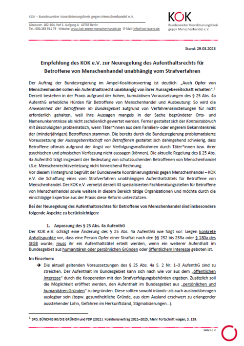 Empfehlung des KOK e.V. zur Neuregelung des Aufenthaltsrechts f&uuml;r Betroffene von Menschenhandel unabh&auml;ngig vom Strafverfahren