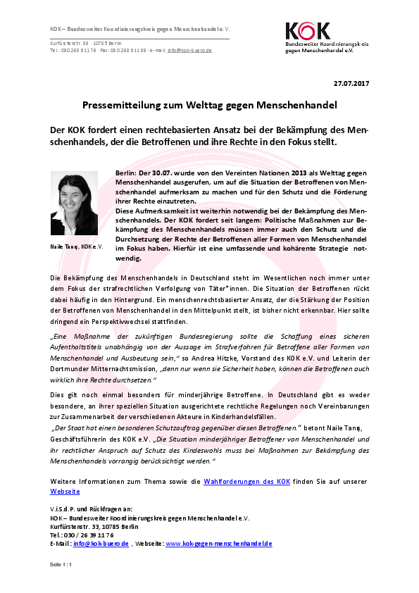 KOK PM zum Welttag gegen Menschenhandel 2017 KOK PM zum Welttag gegen Menschenhandel 2017