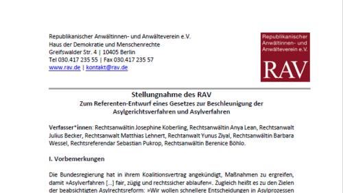 RAV Stellungnahme zum Refrentenentwurf Gesetz zur Beschleunigung von Asylverfahren RAV Stellungnahme zum Refrentenentwurf Gesetz zur Beschleunigung von Asylverfahren