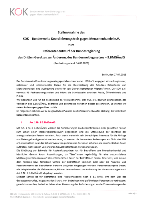 KOK-Stellungnahme zum Bundesmeldegesetz KOK-Stellungnahme zum Bundesmeldegesetz