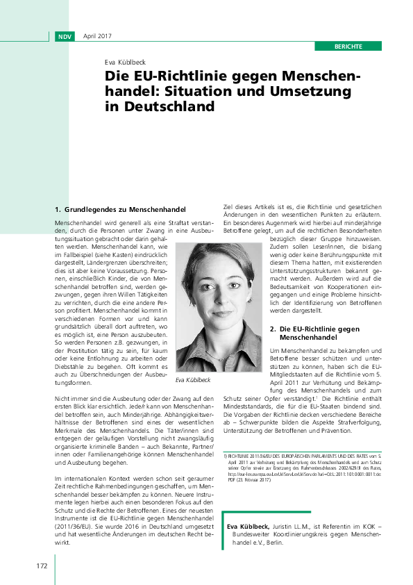 Die EU-Richtlinie gegen Menschenhandel: Situation und Umsetzung in Deutschland