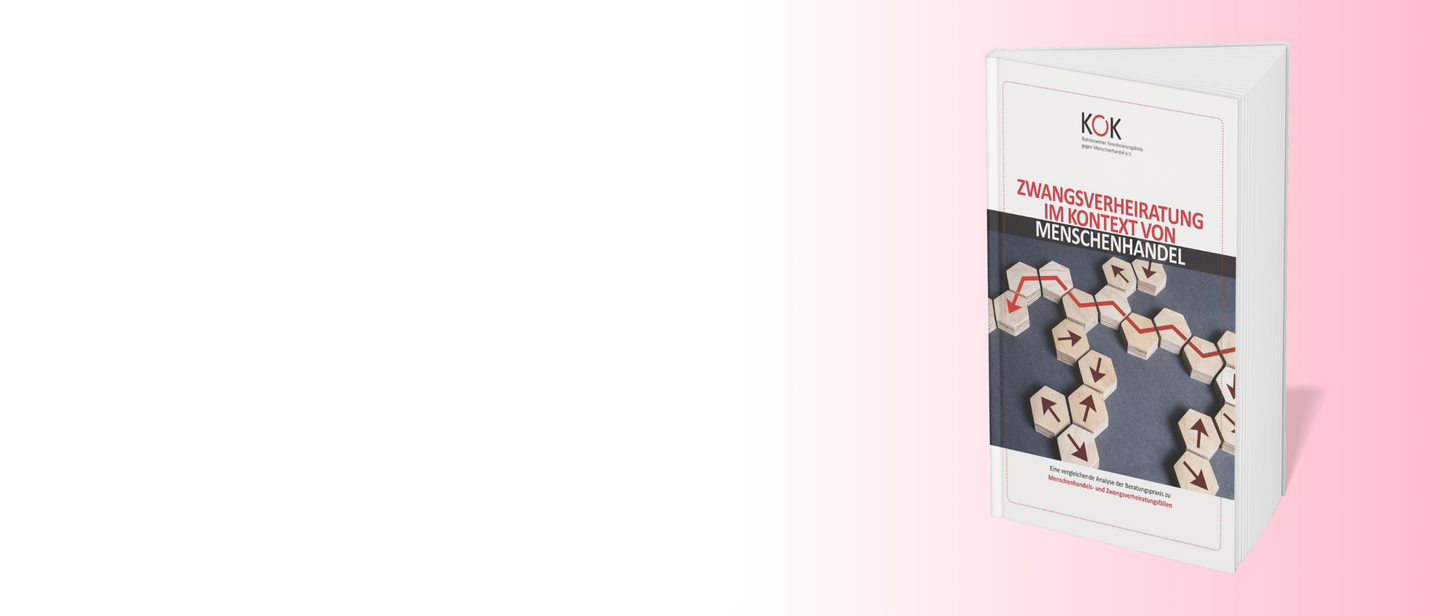 Buchcover mit dem Titel &bdquo;Zwangsverheiratung im Kontext von Menschenhandel&ldquo; auf rosa-wei&szlig;em Hintergrund.