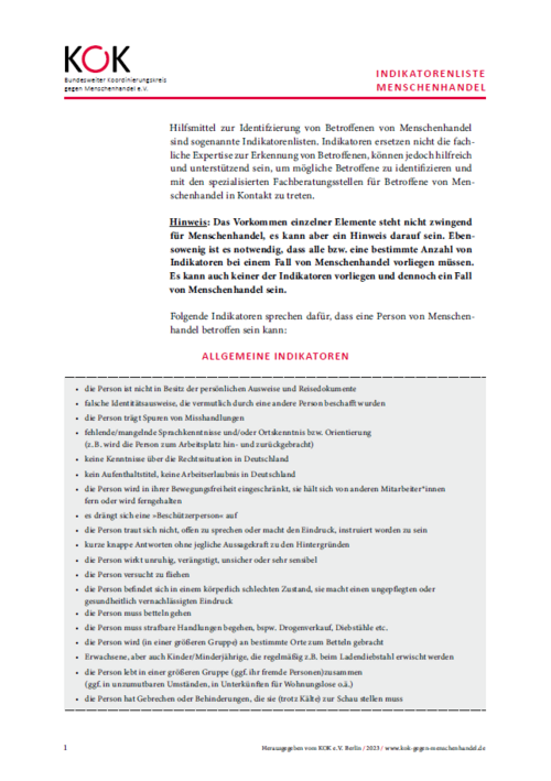 KOK-Indikatorenliste Menschenhandel KOK-Indikatorenliste Menschenhandel