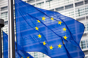 European Union flag in front of building facade