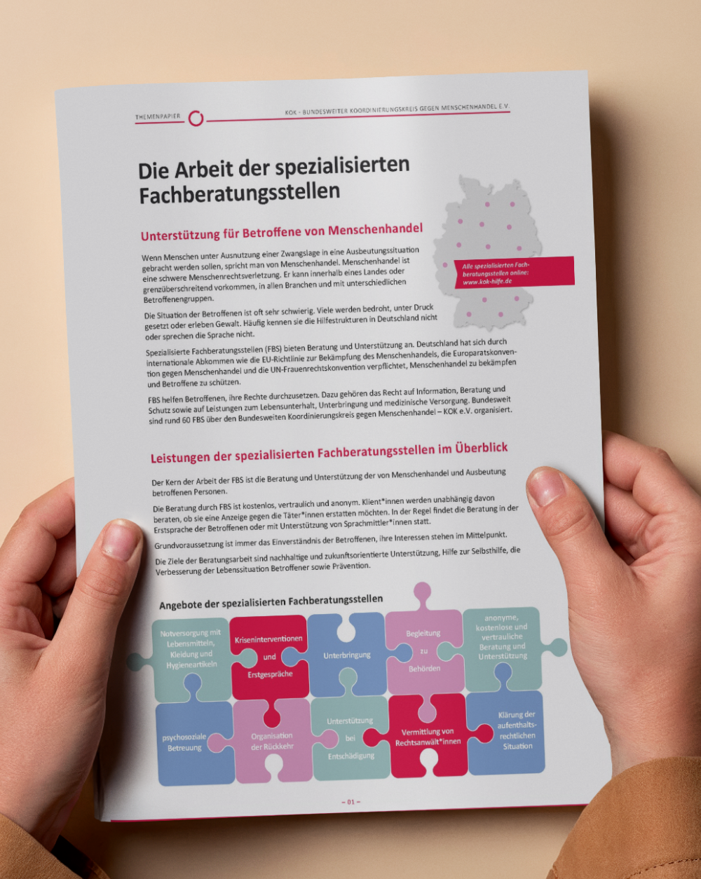 Eine Person hält ein Themenpapier des KOK in den Händen. Auf der Titelseite stehen Überschriften und kurze Texte zur Arbeit spezialisierter Fachberatungsstellen für Betroffene von Menschenhandel. Rechts oben ist eine Deutschlandkarte mit Punkten zu Standorten. Unten zeigt eine Grafik mit Puzzlefeldern verschiedene Angebote wie Krisenintervention, Unterbringung, psychosoziale Betreuung und rechtliche Unterstützung.