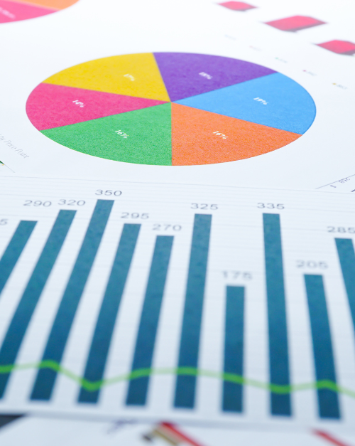 Verschiedene ausgedruckte Bl&auml;tter liegen &uuml;bereinander. Das obersten Blatt zeigt ein Torten- und ein Balkendiagramm. 